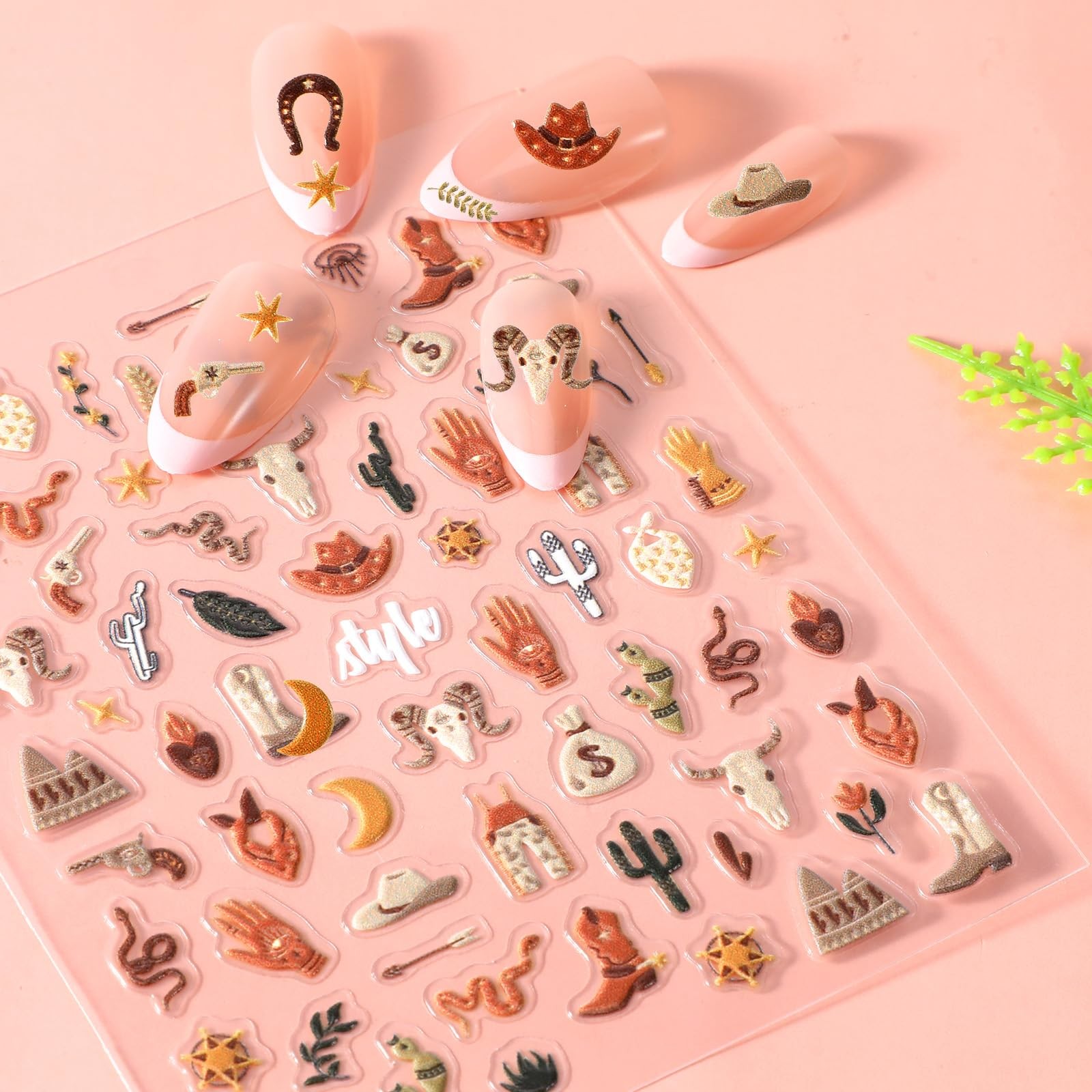 2 Sheets Retro Cowboy Nail Art Stickers, Western Style Self-Adhesive 5D