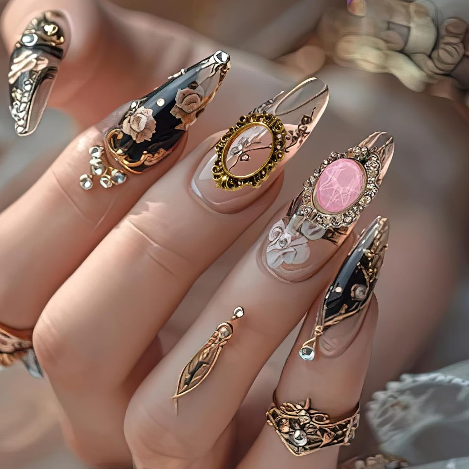 60 PCS Gothic Nail Charms Frame Punk Metal 3D Nail Art Charms Engraved Nails Fra