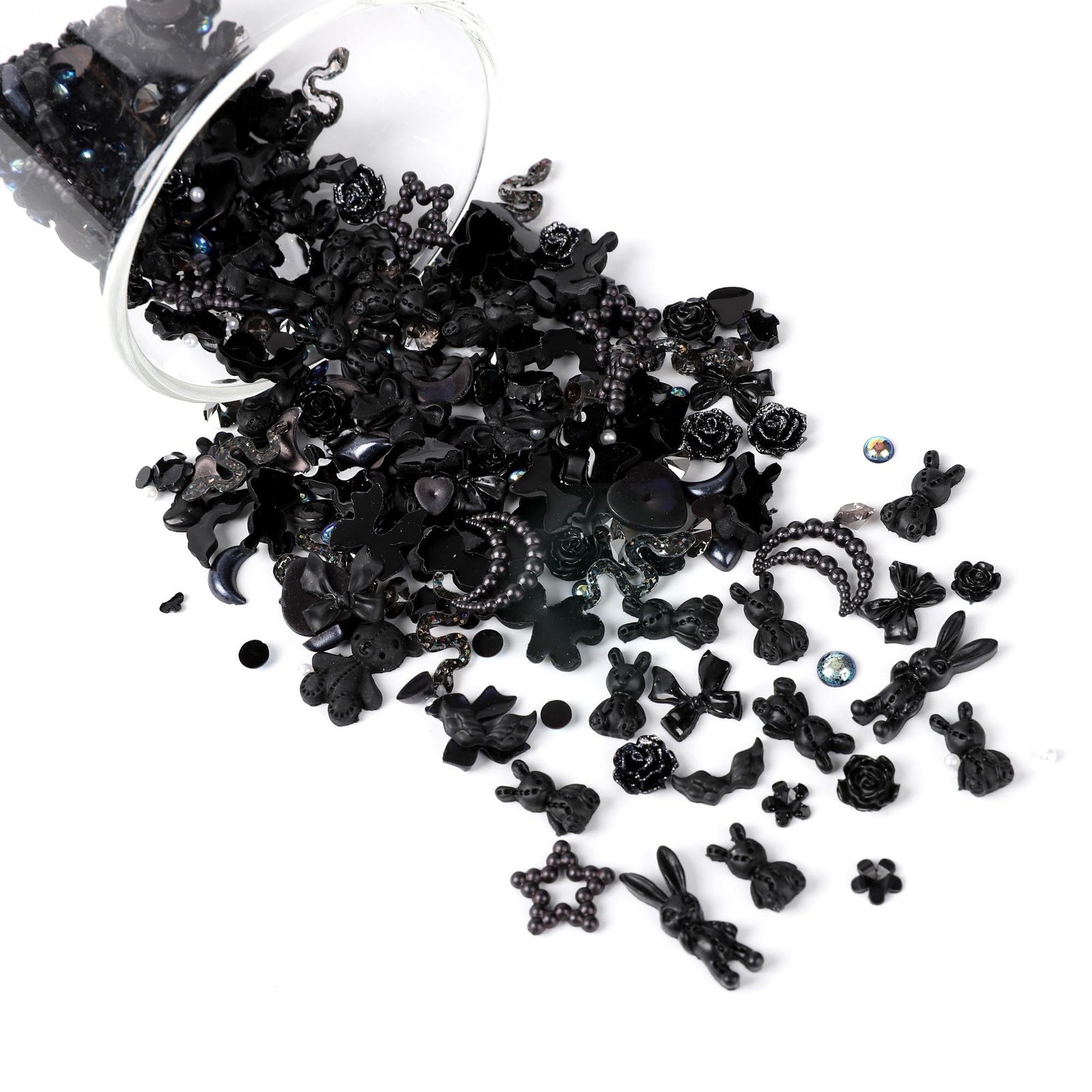 110PCS 3D Nail Charms – Camellia, Rose, Butterfly, Heart, Bear, Star (Black+2)
