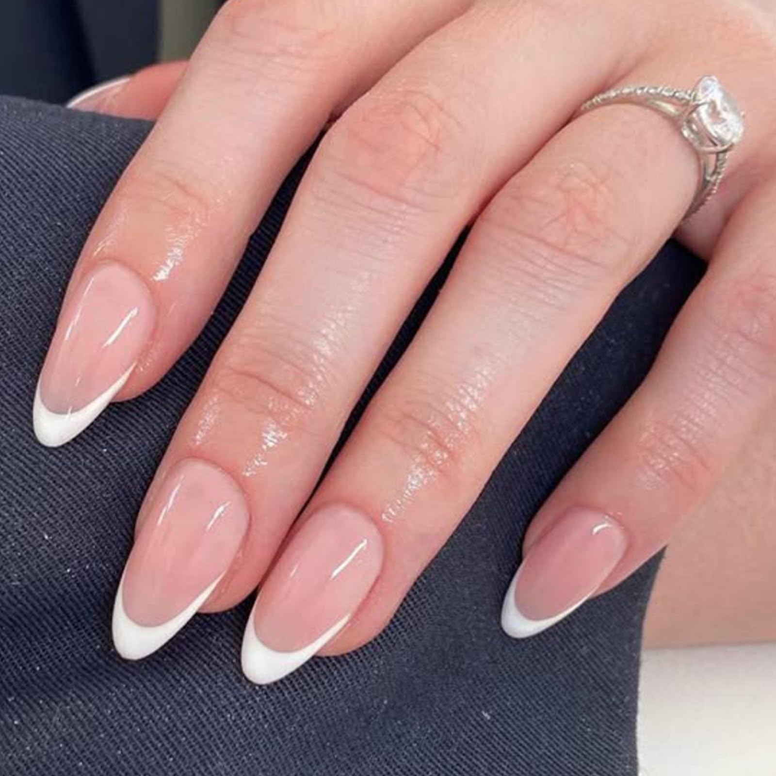 Modelones French Tip Press on Nails Short Almond, 32Pcs 16 Sizes Fake Nails