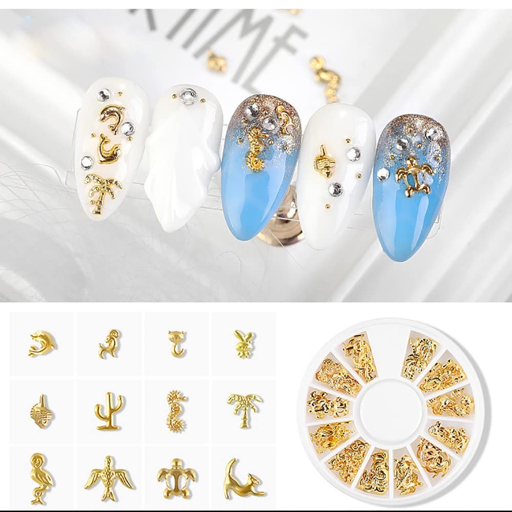 6 Boxes Gold Metal Nail Studs Heart Star Moon Sea Creatures Gold Nail Charms …
