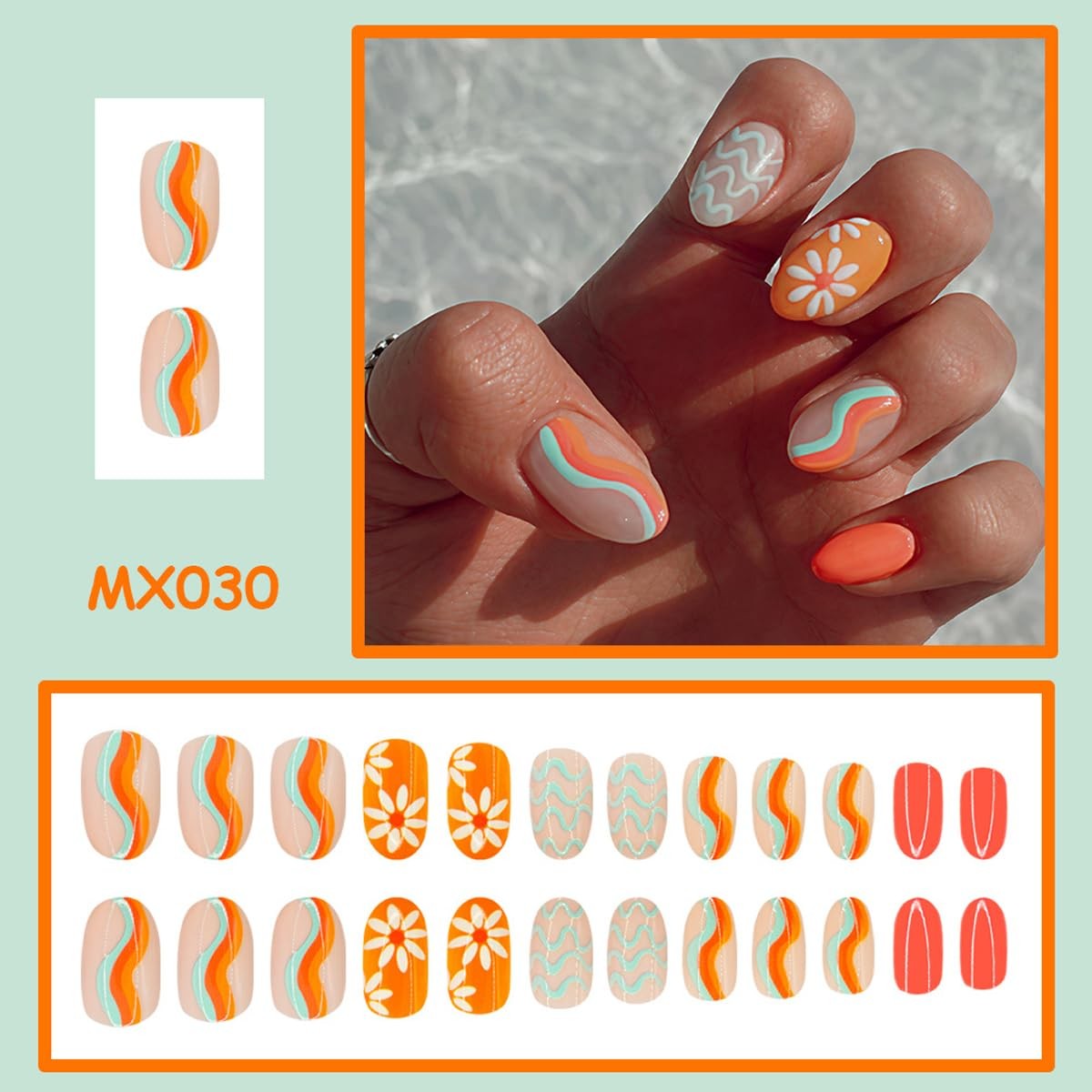UZJXQ Style-6 Short Oval Orange Wave Flower Nails
