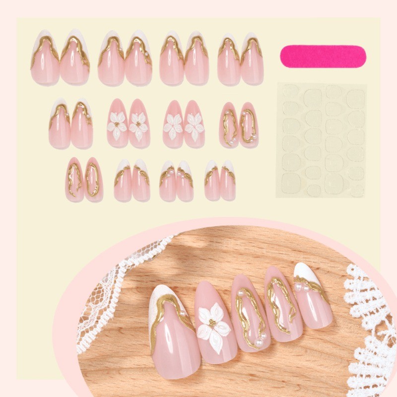 24 exquisite pink and white flower handmade nails medium almond shaped nail art