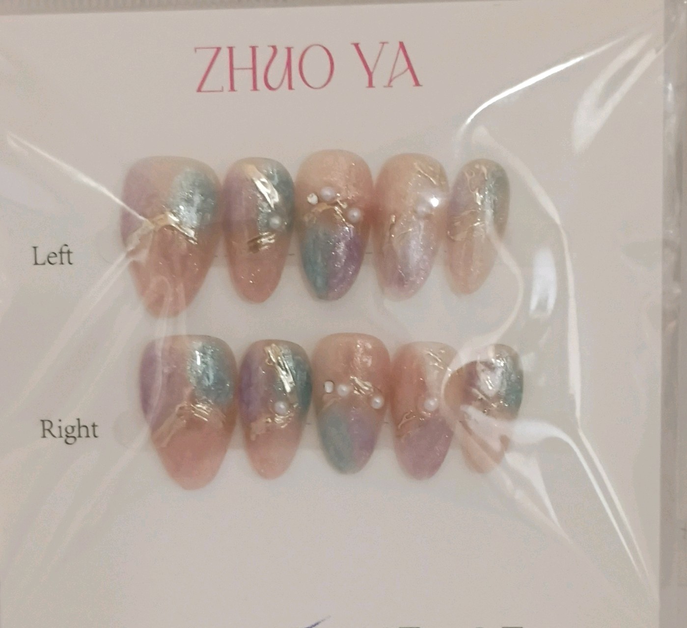 Press-On Nails Pink Blue Purple Ombre Almond Short 3D Shiny, Size M