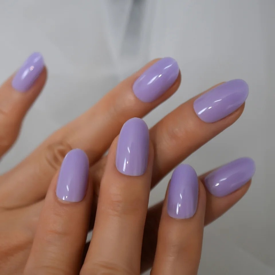 24 Short Oval Press on nails kit w Glue Light Purple Pastel Lavender Kawaii