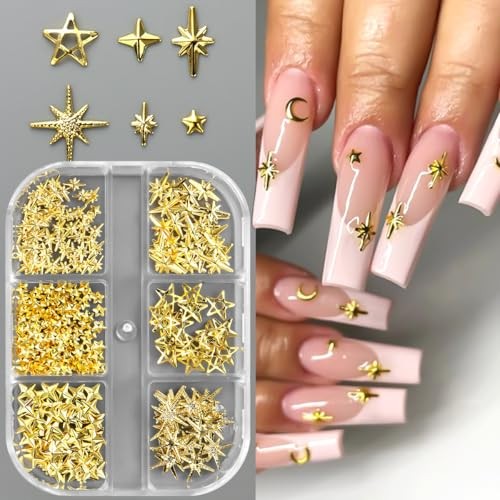 3D Metal Stars Nail Charms and Nail Art Glitter Flakes,Mixed Gold/Silver/White
