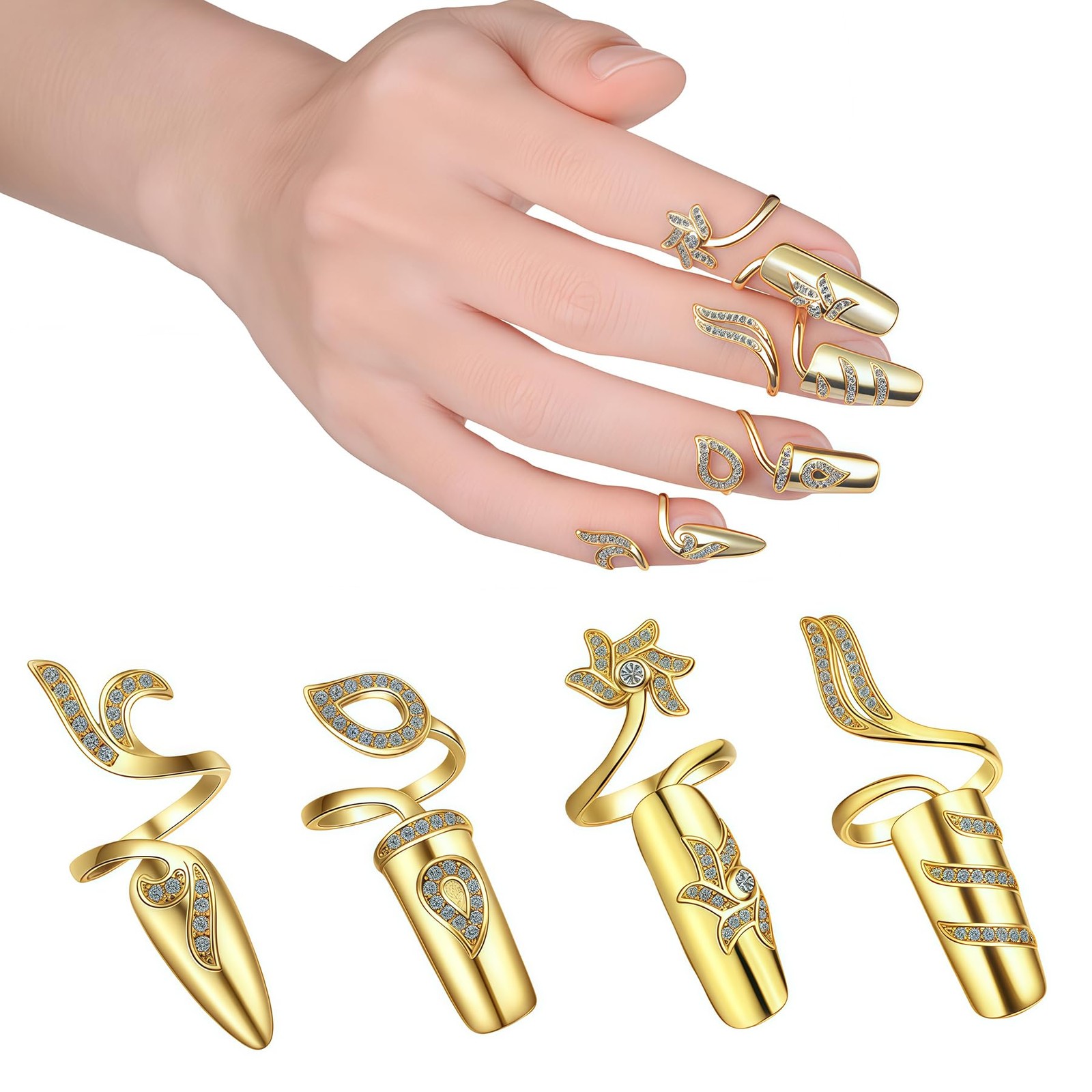 4Pcs Fingernail Opening Ring Finger Nail Ring Knuckle Rhinestone Cover Tip Na…
