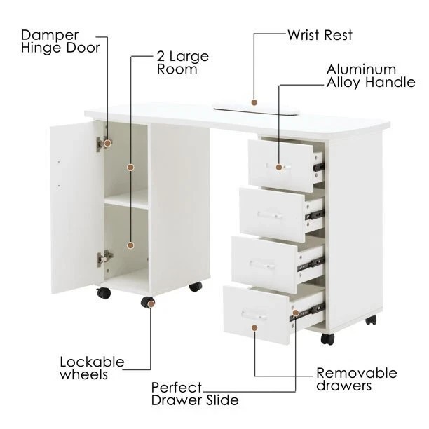 Manicure Nail Table Station Spa Beauty Salon Wheel Desk With Door & 4 Drawers