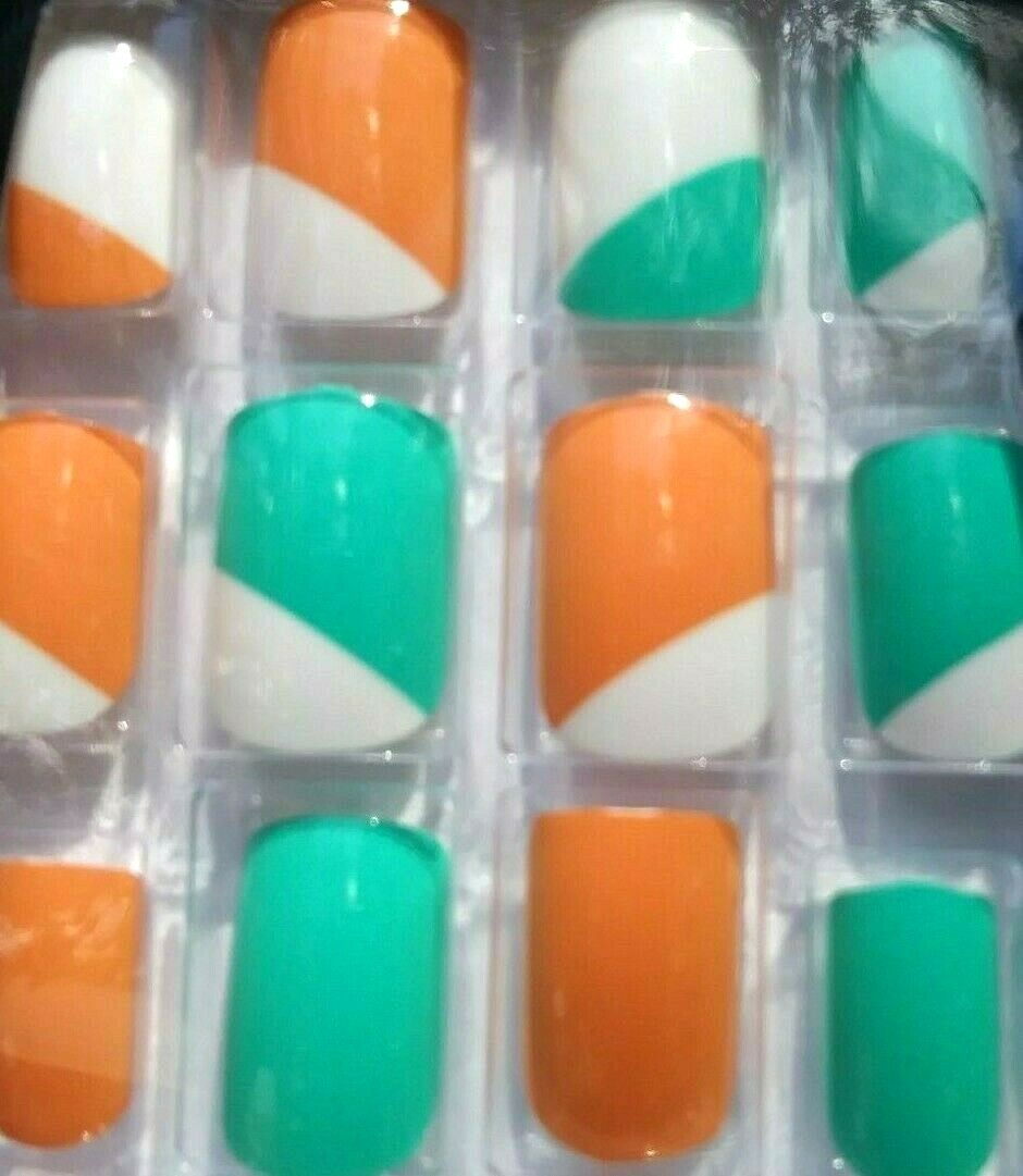 LA Colors 24 Glue On Nails Short Square Retro Orange Vintage Green Artic White