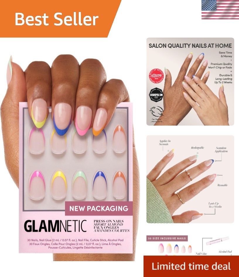 Vibrant Rainbow Sprinkles Press On Nails – Short Almond Shape, 30 Pc Kit