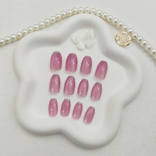 Cat Eye Press on Nails Short Coffin Fake Nails with Pink Glitter French Designs