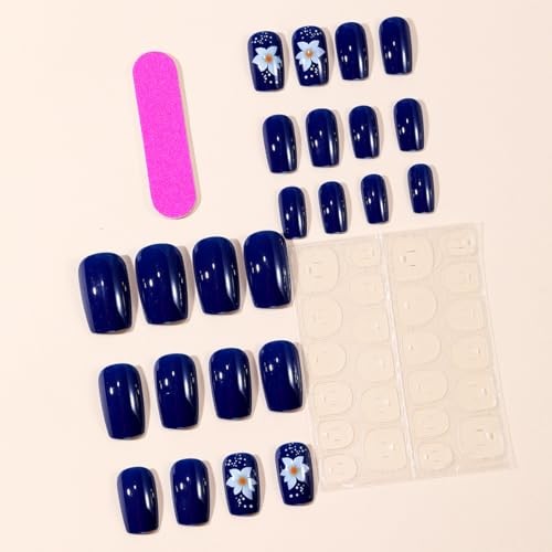 Square Dark Blue Flowers Fake Nails Design M10 – Medium Press on Nails