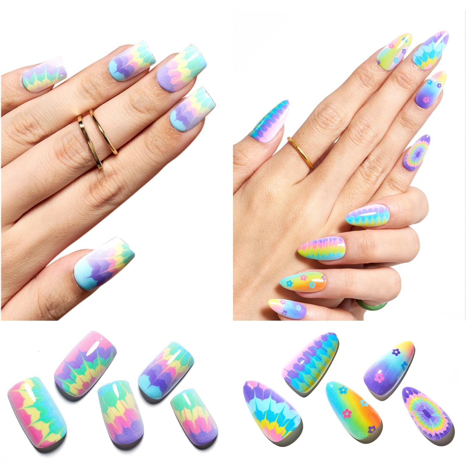 48Pcs Ombre Press on Nails Medium Almond, Tie Dye Fake Nails Short Stiletto, …