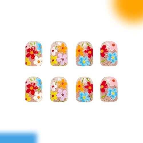 Summer Flowers Press on Nails – Short Square False Nails with Colorful Flowers