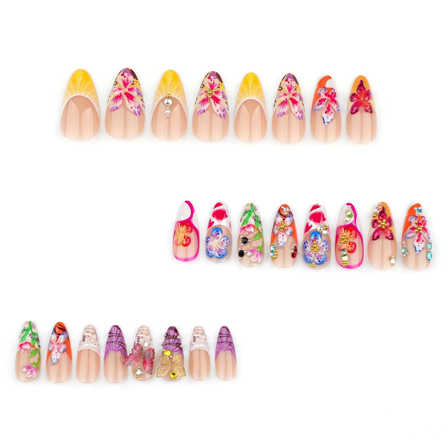 HOSAILY 3D Flower Summer Press on Nails Medium Almond, 24Pcs Colorful Butterfly