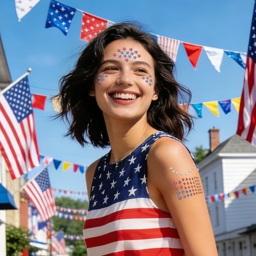 Patriotic Star Rhinestone Face Stickers Set – 6 Sheets Red White Blue 3D Self