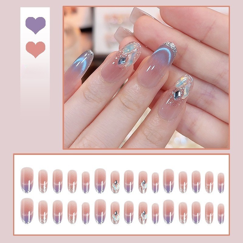 60pcs-Glitter Cat Eye Press on Nails, Almond Nude with Blue Sheen & Gem Details