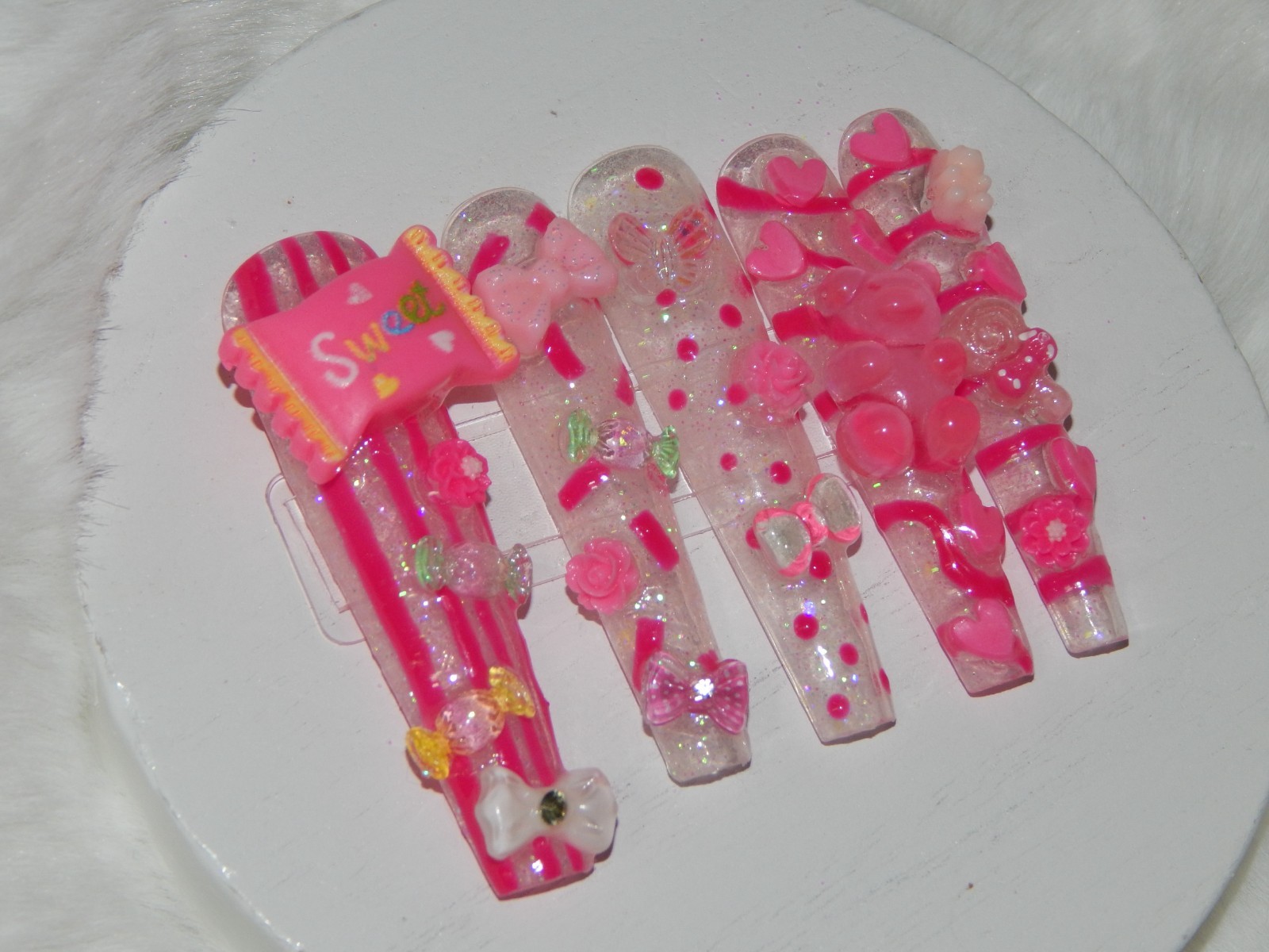 Luxury Handmade Press-On Nails I Reusable I Glowing In Candy I Coffin Shapel 3XL