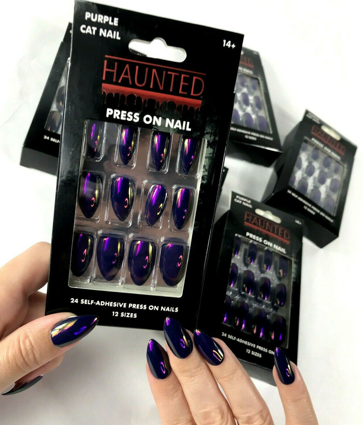 24pc Cosplay Goth Halloween Roleplay Press On Fake Metallic Purple Cat Nails Kit