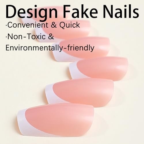 24Pcs White French Tips Press on Nails with Simple Design, Glossy Nude Medium