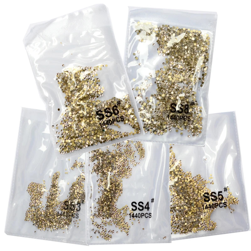 Ss3-Ss8 1440Pcs Clear Crystal AB Gold 3D Non Hotfix Flatback Nail Art Rhinestone