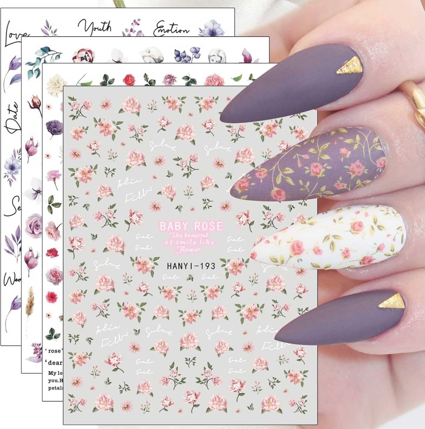 10 Sheets Spring Flower Nail Art Stickers Decals Self-Adhesive Pegatinas Uñas…