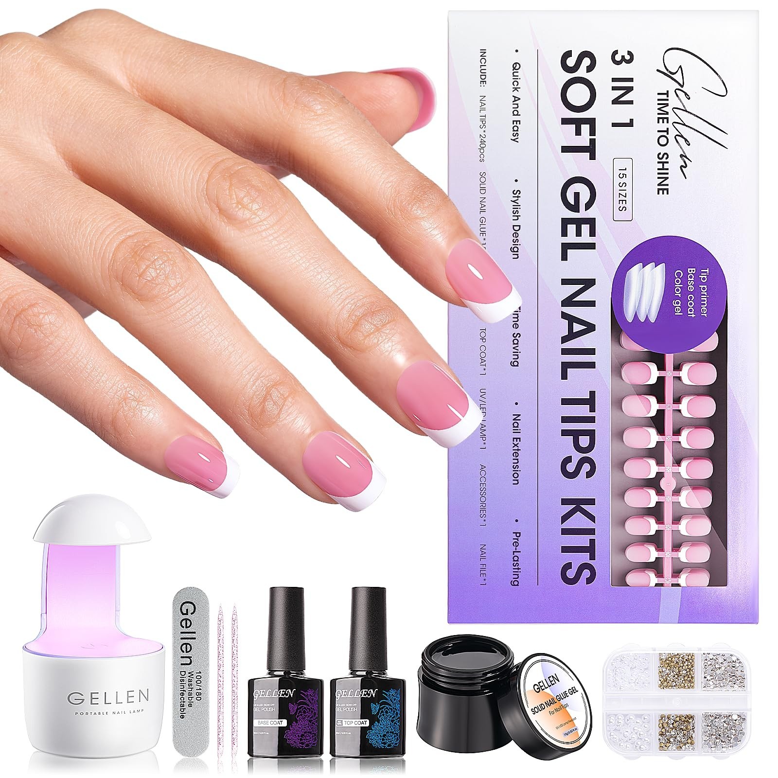Pink French Tip Gel Nail Kit – 240PCS Short Square Press-On Nails, UV Lamp, Glue