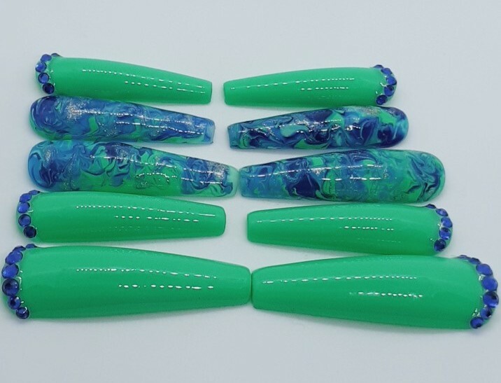 XXL Teal Green Turquoise Blue Rhinestones Marble Ocean Inspired Nails-clearance