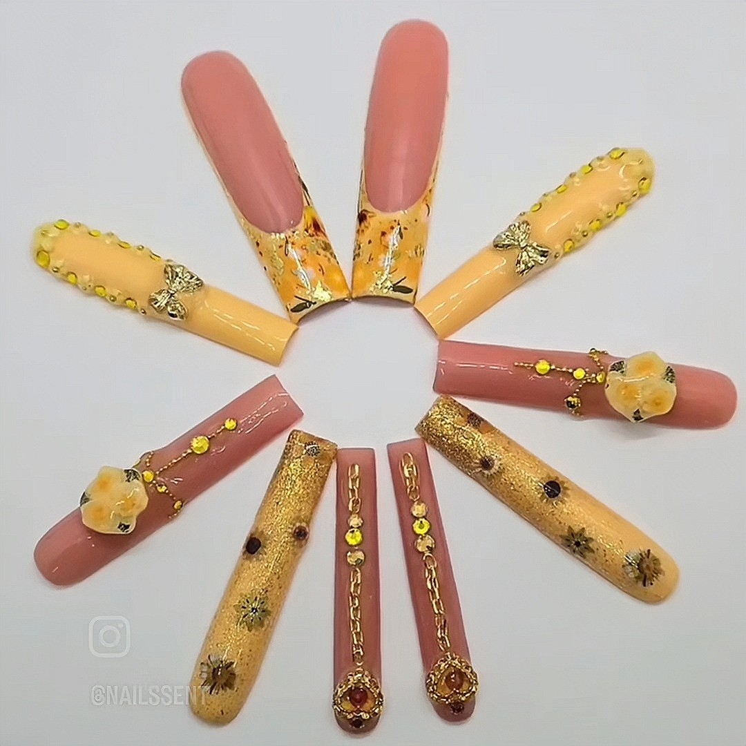 HANDMADE YELLOW PRESS ON NAILS 3XL SQUARE FRENCH PROM WEDDING FLORAL W/KIT