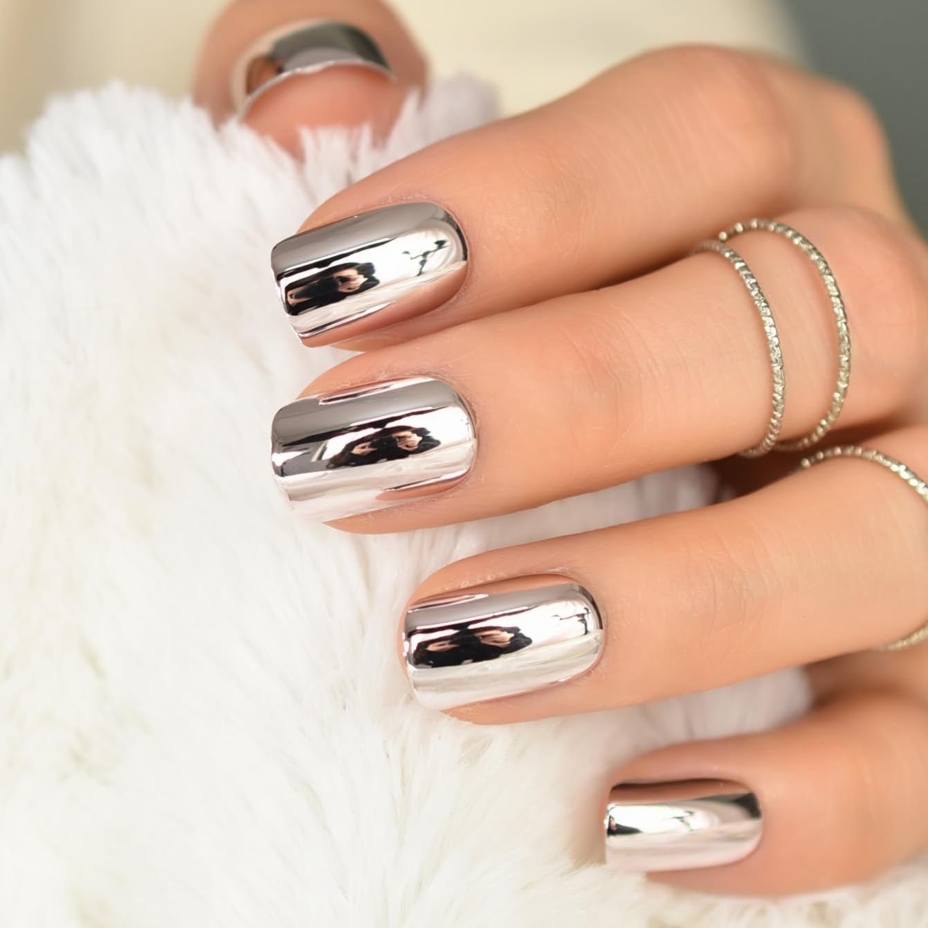 Mirror Soft Pink Metallic Press On Nails Short – Metal Punk Plated Acrylic Fa…