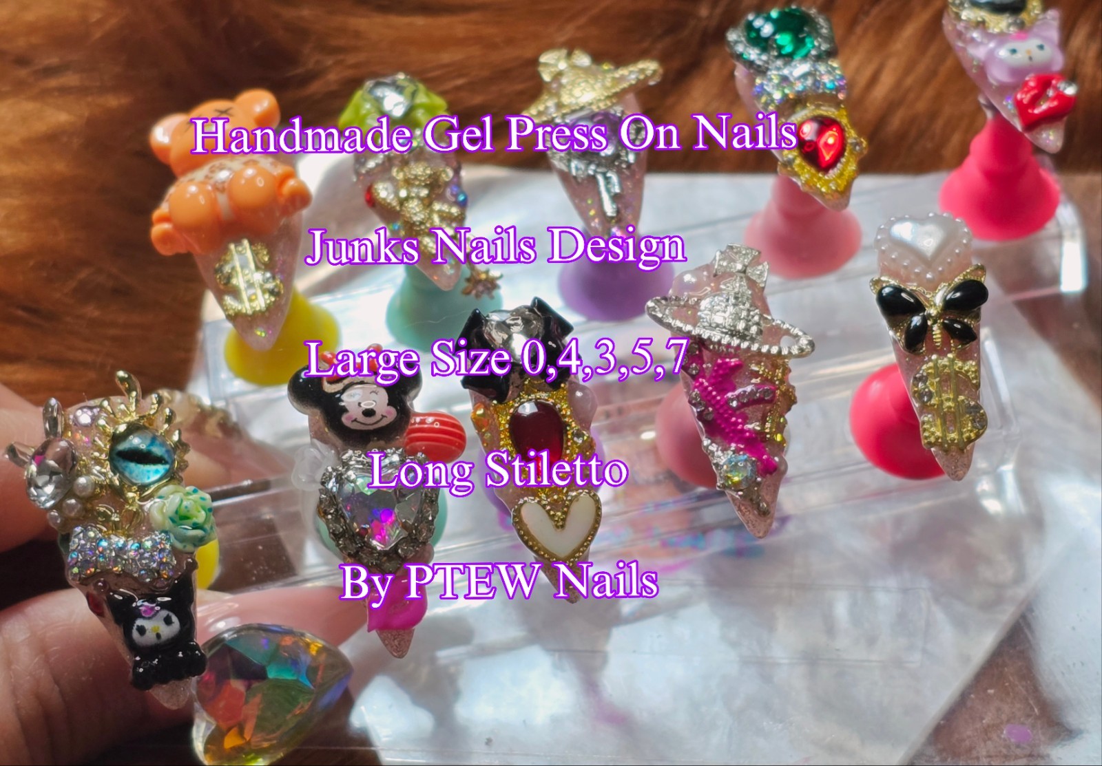Handmade Gel Press On Nails,Junkie Nails, Large Size 0,4,3,5,7 Long Stiletto