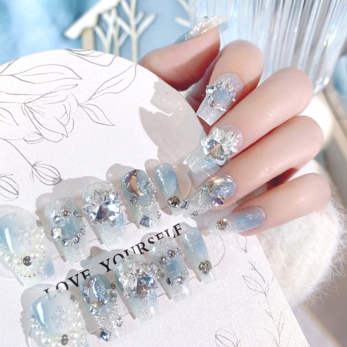48Pcs-Long Square Blue White Snowflake Pearl Rhinestone Glitter Press on Nails