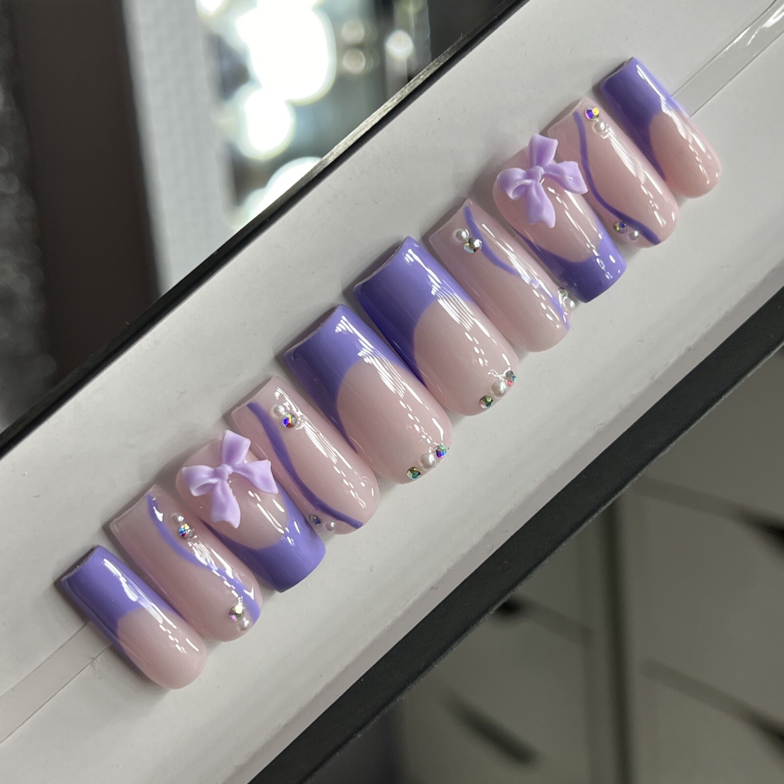 💜 CUSTOM Press On Nails FRENCH PURPLE W BOW PEARLS BLING 10p SET W Kit