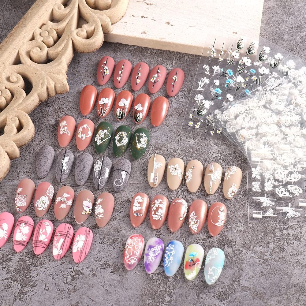5D Spring Embossed Flower Nail Art Stickers 4 Sheets Real Self-Adhesive Decal…