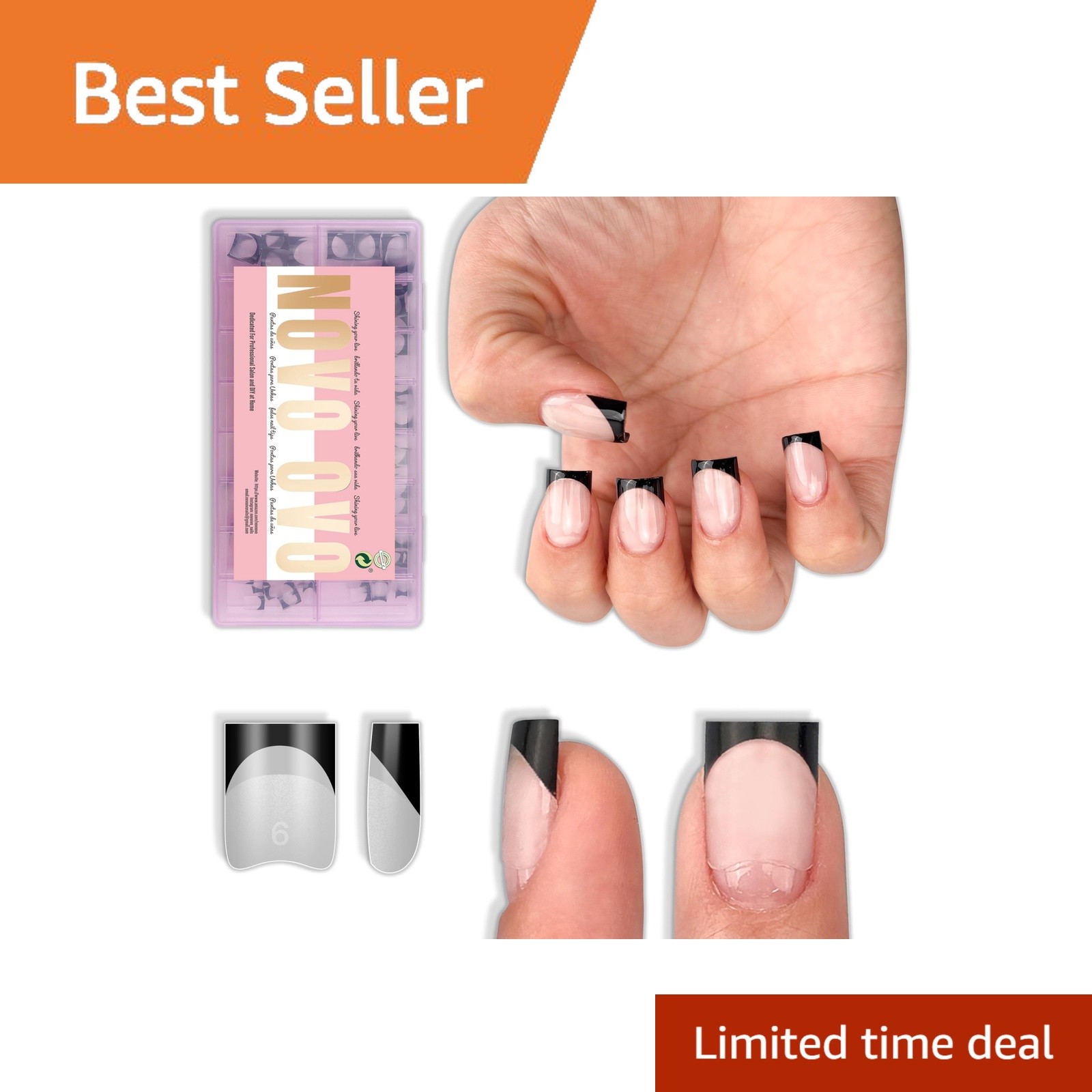 NOVO OVO Black French Tip Nail Tips Short Square 224 Pcs