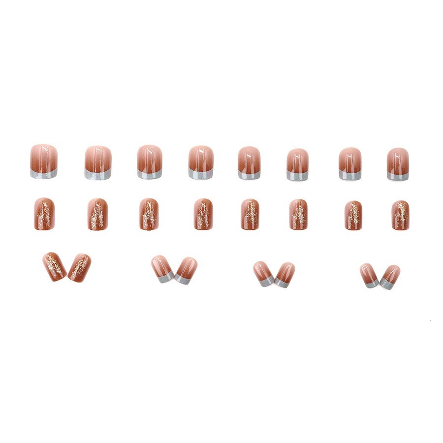48 Pcs Grey French Gold Foil Press on Nails, Short Square Nude Daily Fake Nails