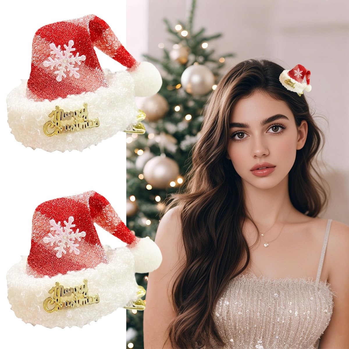 2Pcs Christmas Hair Clips Mini Hat 1 Count (Pack of 2), Red