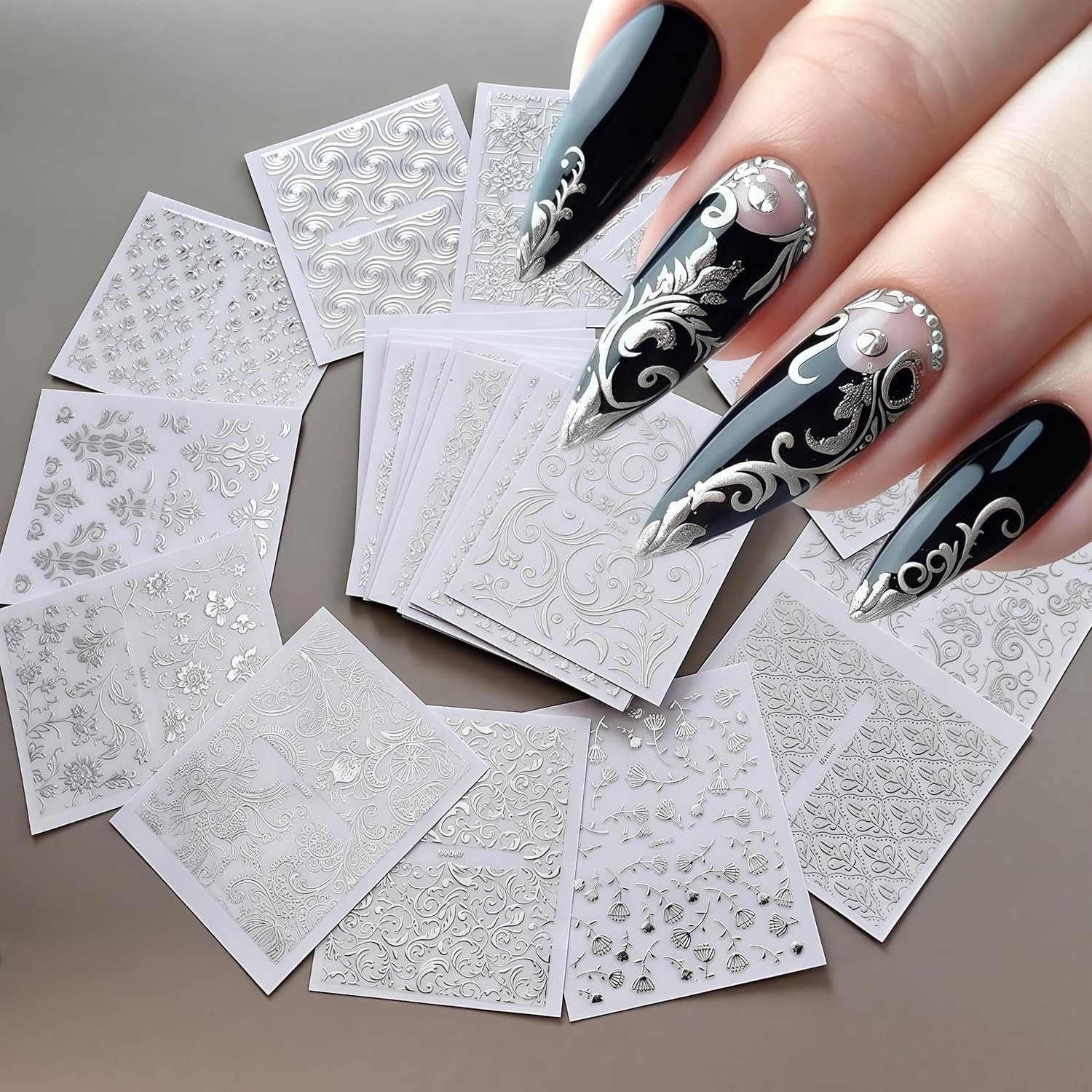 30 Silver lace Nail Stickers for Flower Nail Art 3D -Adhesive Nail Decals Sil…