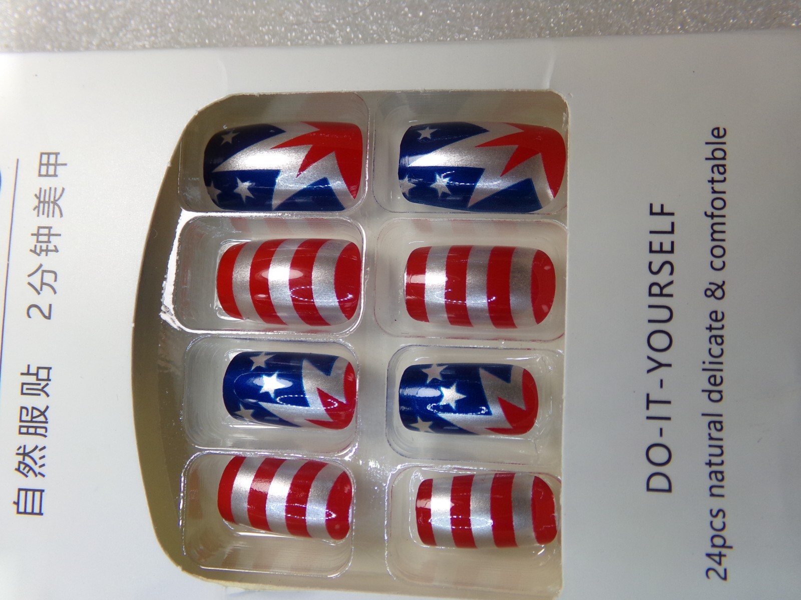 Adorable 4th of July Nails Metal Finish Red Silver & Blue GLUE ON Medium