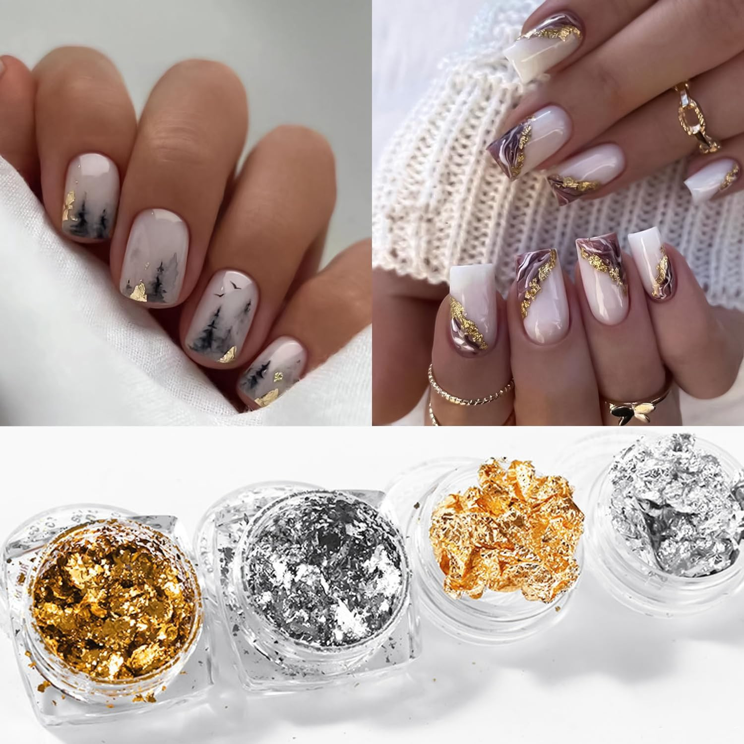 2 Bottles Gold Foil for Nails – Golden Glitter Design, Foil Fragments and Irregu