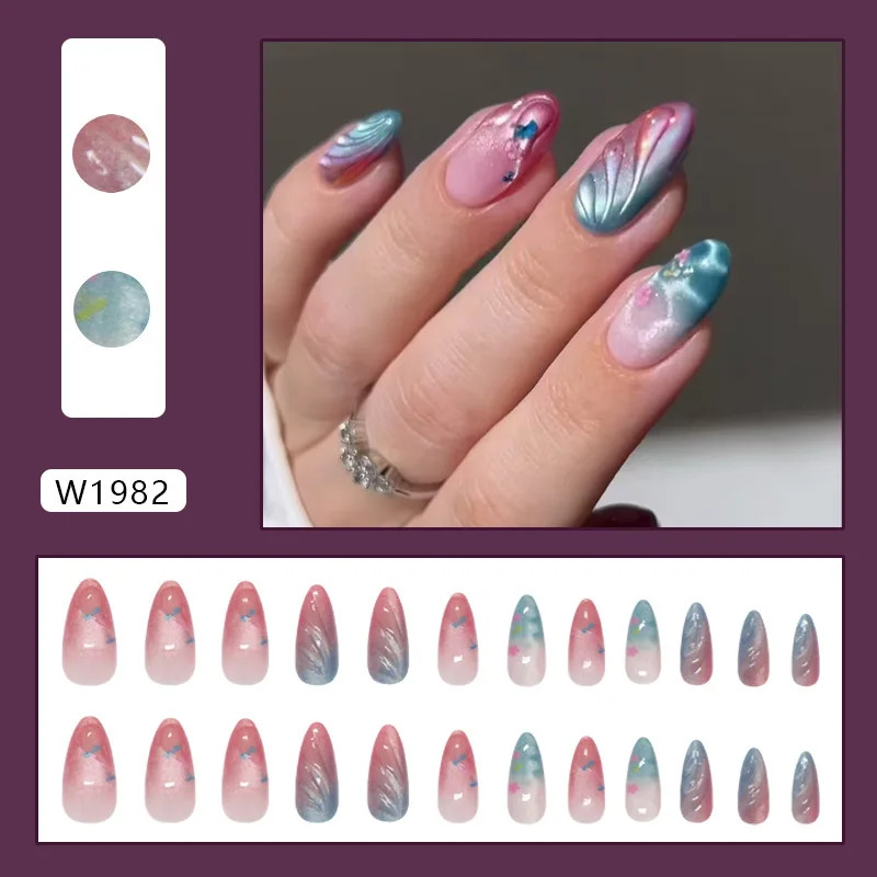 24pcs Red Love Diamond Glitter French Almond Press On Nails Y2k Gold Bow