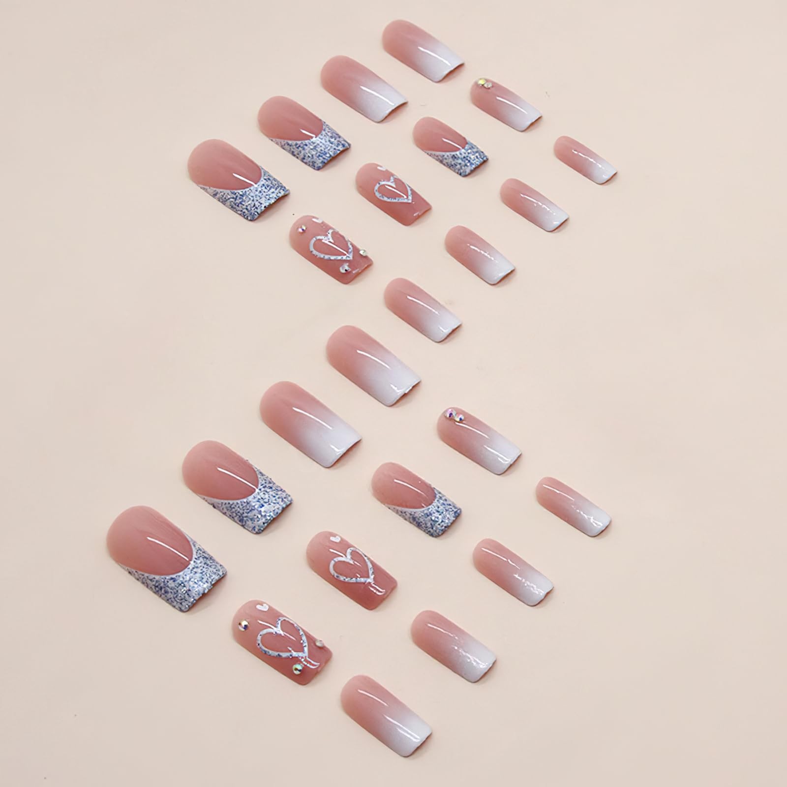 Blue Heart Press on Nails Medium Square Fake Nails Glossy Glitter French Tip