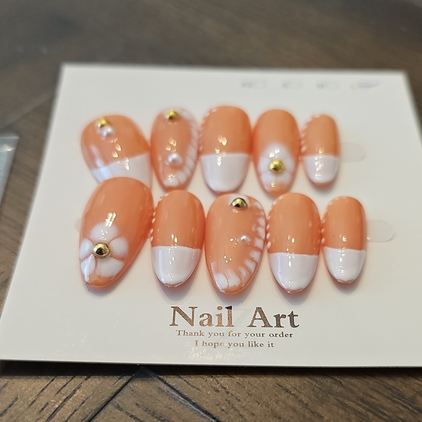 Press-On Nails Large, Medium Length Almond White French Floral