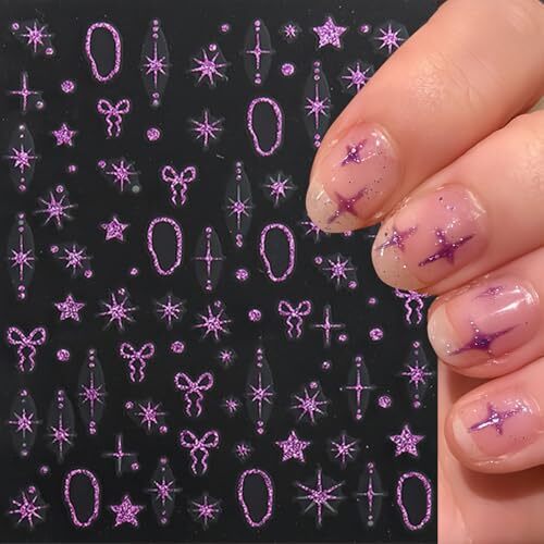 8 Sheets Star Nail Art Stickers Decals 3D Gold Silver Purple Laser Star Bow