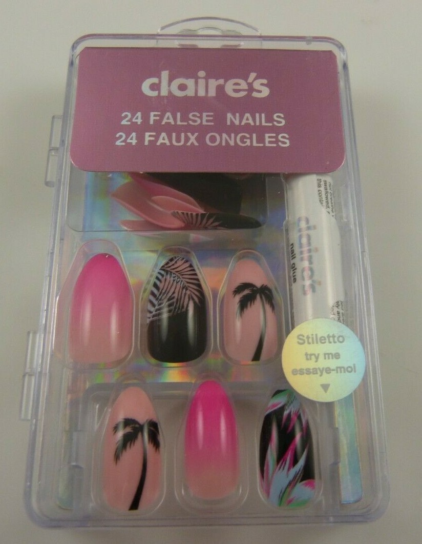 Claire’s faux nails summer palm trees pink black blue glue elegant fun