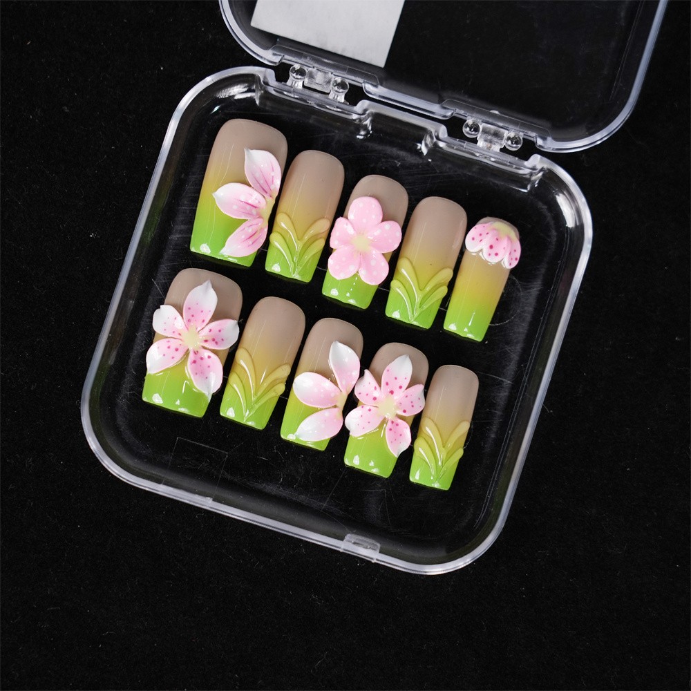 Handmade Green Nude Floral Press on Nails Gradient 3D Flower Trendy Fake Nails