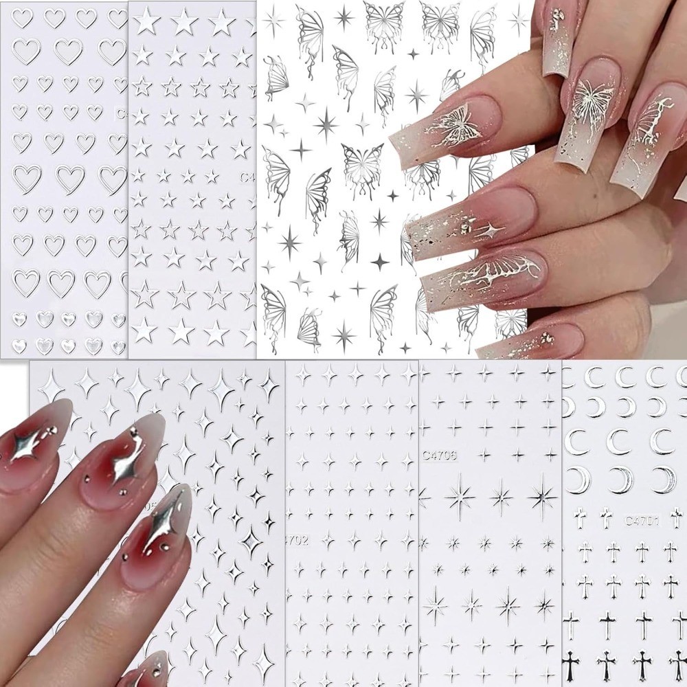 7 Sheets Metallic Silver Nail Stickers Nail Art for Women 3D Star Nail