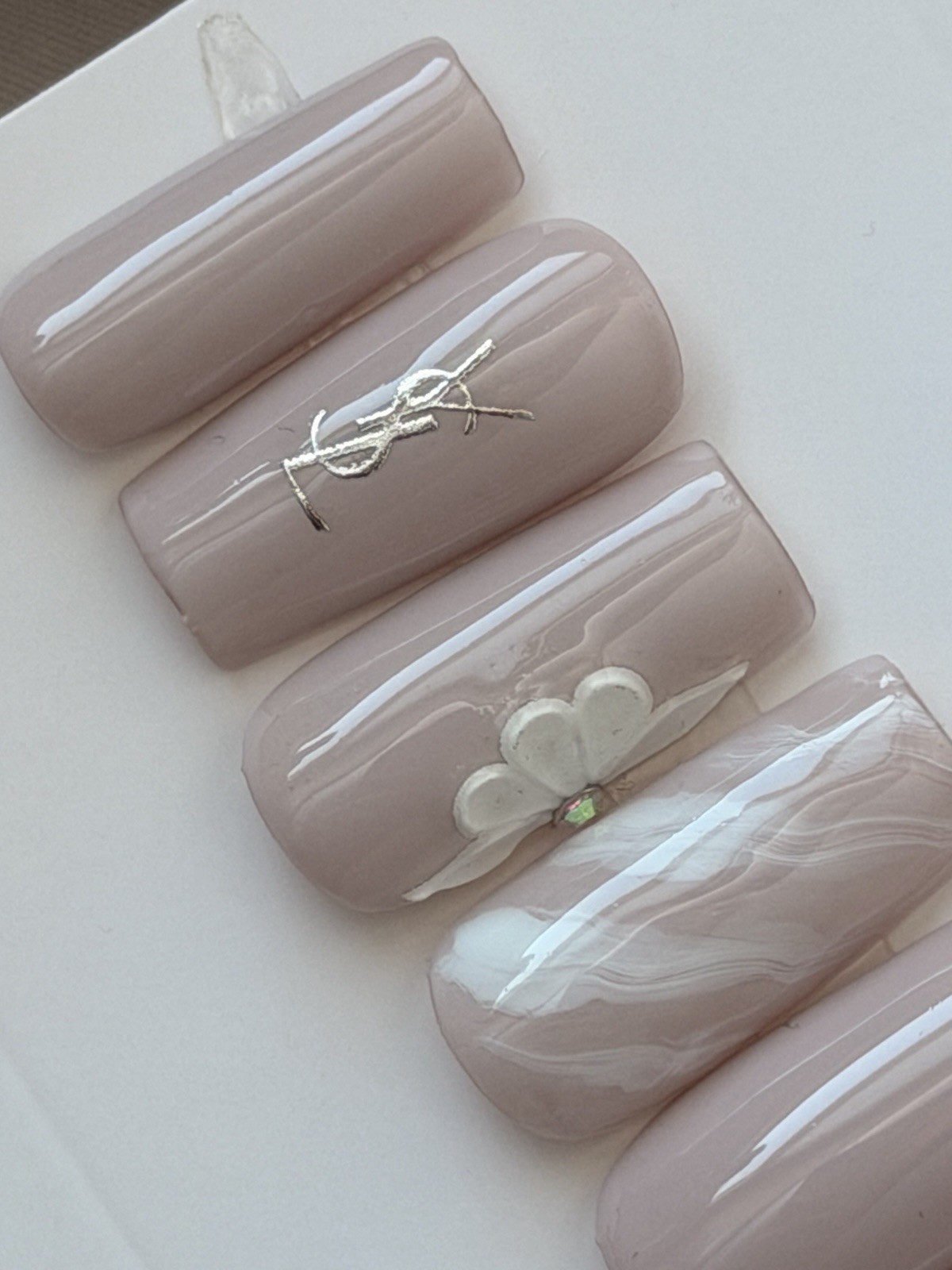 💜💎 CUSTOM Press On Nails PURPLE GREY FLOWER BLING 10p SET W Kit M