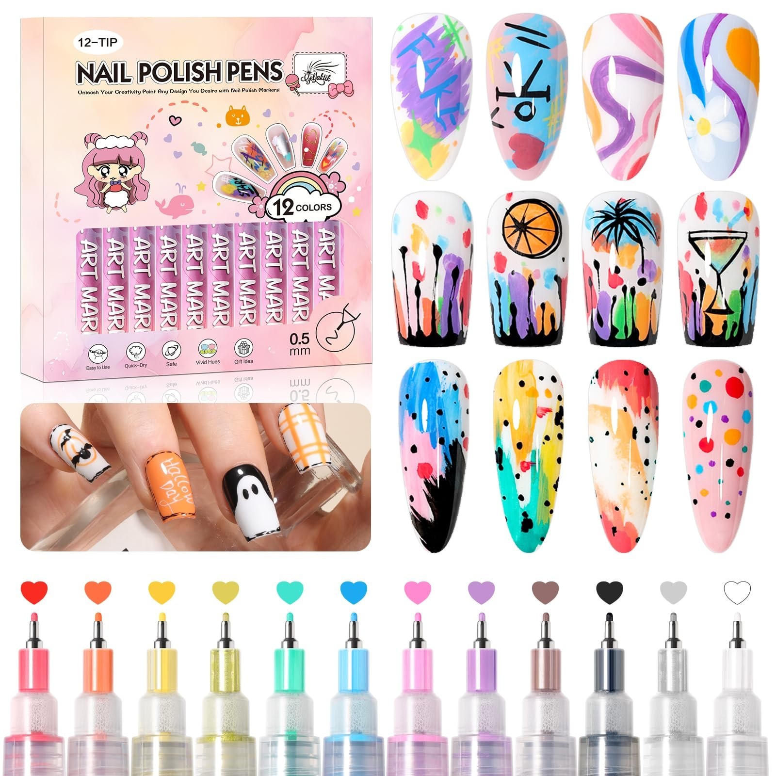 12 Colors Nail Art Pens 0.5mm Quick Dry Fine Tip Markers | Non-Toxic DIY Nail Po