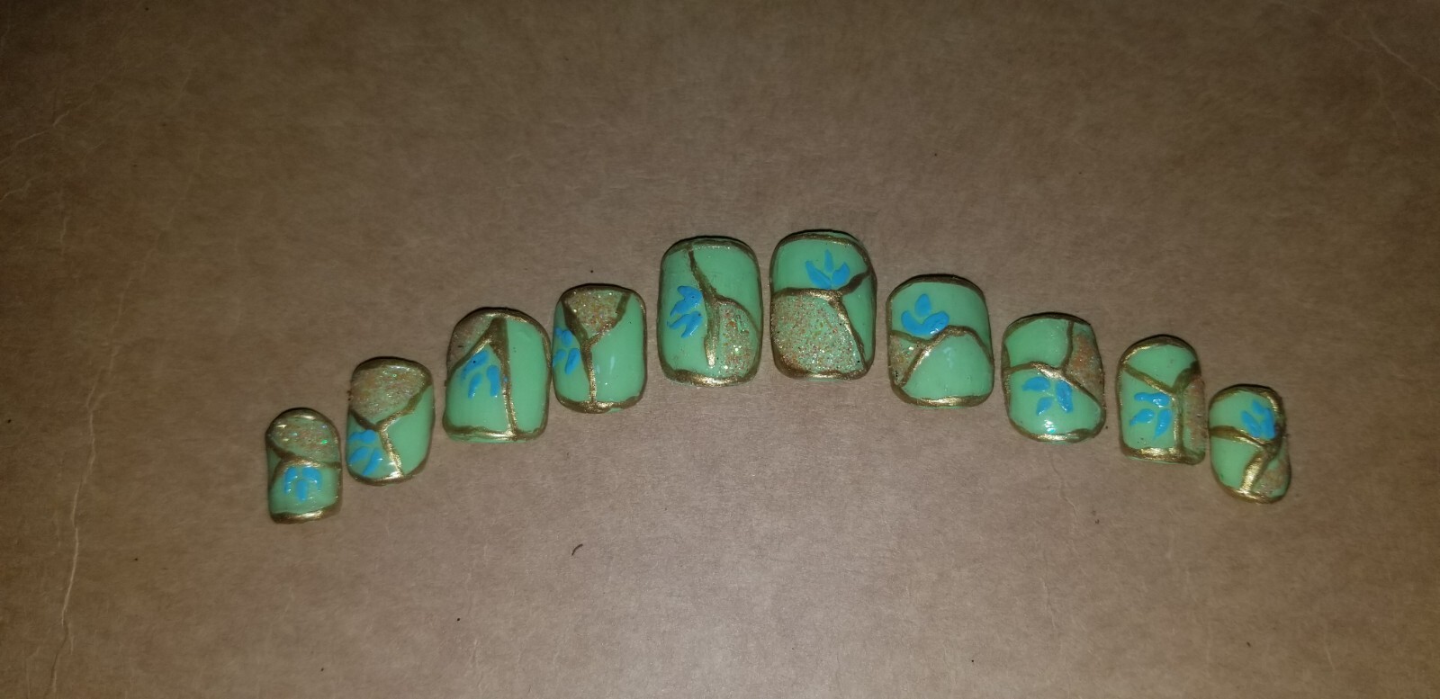 Kawaii Press On Nails|Neon Green Gold Orange Glitter | Short Square Gel 10PC